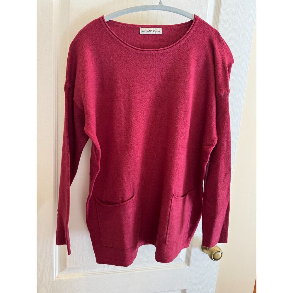 Zenana Burgundy Cranberry Red Long Sleeve Pocket Tunic Sweater - Size S/M